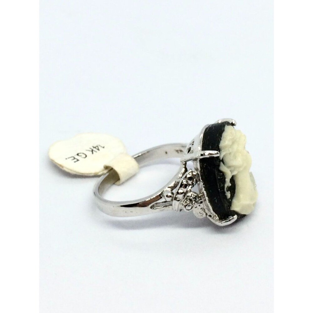 Vintage Cameo Ring 14k GE Silver Tone Resin Black Statement Lady 6.75 - Picture 5 of 15